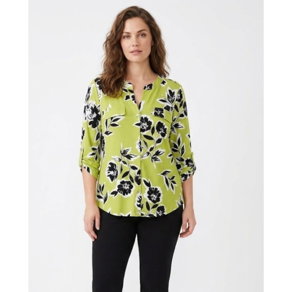 New Adrienne Vittadini Button Down Large‎ Green Floral Roll Tab Stretch Knit